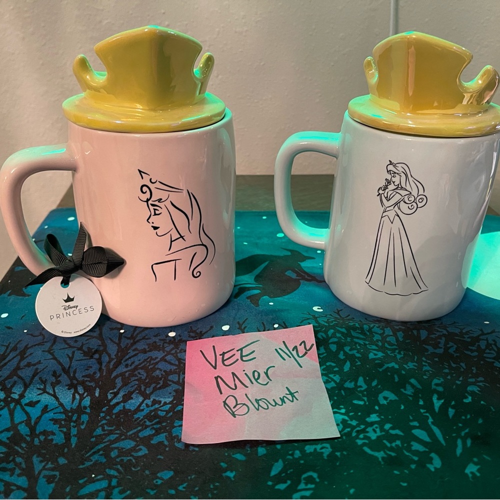 Rae Dunn Disney SLEEPING BEAUTY Mug pink and blue With Yellow Crown Toppers